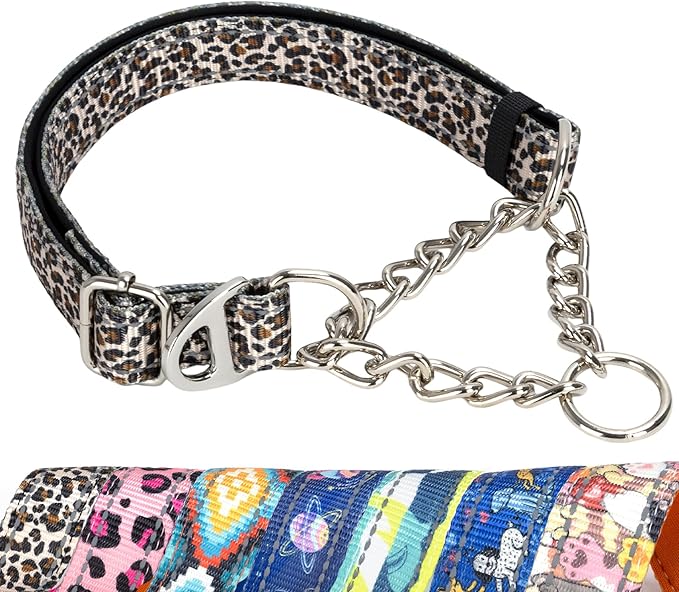 Martingale Collar for Dogs with Chain, Adjustable Soft Durable Choke Collar for Medium Large XL No Pull Training Dog Collars-Brown Leopard M