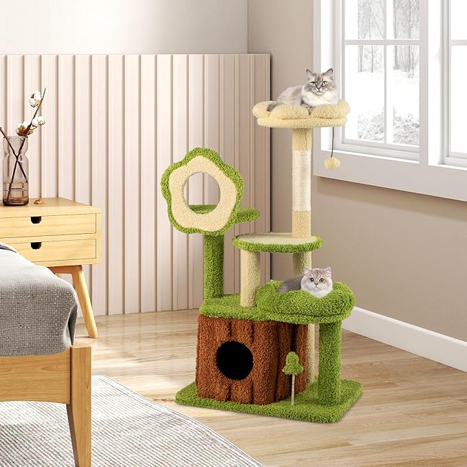 Tangkula Cute Cat Tree Green Forest, 40 Inch Multi-Level Aesthetic Cat Tower with Sisal Scratching Posts, Trunk Condo, Flower Perch, Plush Napping Bed, Pompom, Spring Toy, Platforms for Indoor Cats