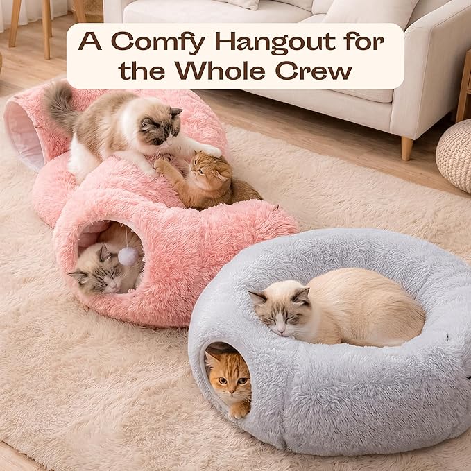 Meowfia Indoor Cat Tunnel with Donut Bed - Large Flexible Play Space for Multiple Pets - Circle or Snake Shape, Cozy Lounge (Grey)