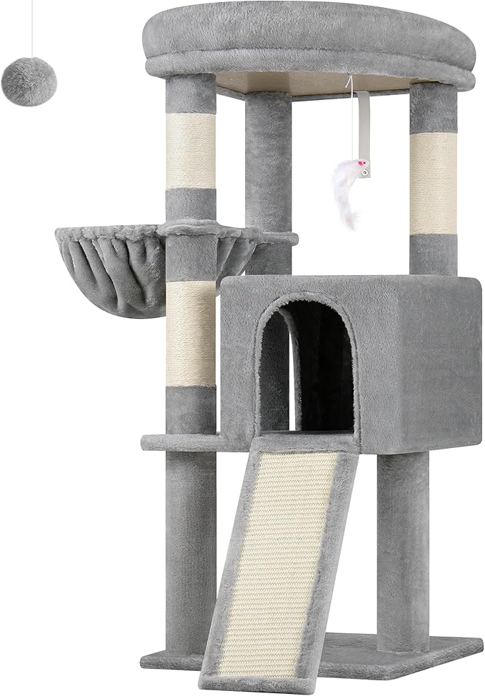 Globlazer 45" Cat Tree for 2-3 Medium Cats, Multi-Level Cat Tower with Scratching Board for Kittens and Senior Cats, Condo & Hammock Space Saving Cat Tower, F45, Light Gray