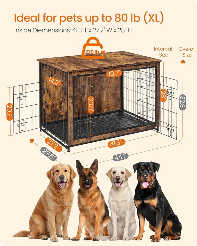 Feandrea 44.1" Dog Crate Furniture, Indoor Dog Cage Side End Table, XL Pet Wood Kennel for Large and Medium Dogs up to 80 lb with Multi-Purpose Removable Tray, Double-Door Pet House, Rustic Brown