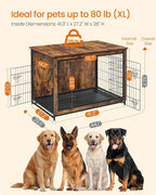 Feandrea 44.1" Dog Crate Furniture, Indoor Dog Cage Side End Table, XL Pet Wood Kennel for Large and Medium Dogs up to 80 lb with Multi-Purpose Removable Tray, Double-Door Pet House, Rustic Brown