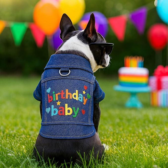 Dog Jean Jacket with D-Ring Blue Denim Coat Dogs Outfits for Small Dogs Cats Boy Male Girl Birthday Clothes Costume Letter Embroidery Dogggie Puppy Winter Warm Clothes(Birthday Baby,XS)
