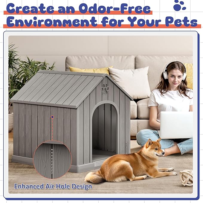 Bifanuo Dog House Outdoor Indoor, Plastic Small Dog House-Weatherproof Design with Air Vents & Elevated Floor for Small to Medium Dogs, Easy Clean and Assemble (Grey)