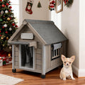 Outdoor Dog House Weatherproof Large Wooden Dog Kennel Indoor for Small Dogs with Chew-Proof Frame, Oxford Fabric Window, Removable Floor Pet Shelter (Grey, 18.1" D x 25.2" W x 24" H)