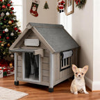 Outdoor Dog House Weatherproof Large Wooden Dog Kennel Indoor for Small Dogs with Chew-Proof Frame, Oxford Fabric Window, Removable Floor Pet Shelter (Grey, 18.1" D x 25.2" W x 24" H)