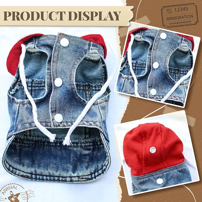 Cool Dog Jean Jacket Vest with D-Ring Blue Denim Dogs Hoodies Outfits for Small Medium Dogs Cats Boy Male Dog Clothes Costume Dogggie Puppy Harness Coat for Frenchie Walking(Red Hat,XS)