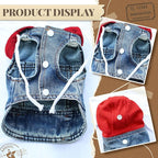 Cool Dog Jean Jacket Vest with D-Ring Blue Denim Dogs Hoodies Outfits for Small Medium Dogs Cats Boy Male Dog Clothes Costume Dogggie Puppy Harness Coat for Frenchie Walking(Red Hat,XS)