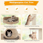 Tangkula Modern Cat Tree, Small Cat Tower with Natural Sisal Scratching Post, Hand-Made Wicker Cat Condo & Top Perch, Funny Hanging Toy Ball, Cute Cat Tree Tower for Indoor Cats