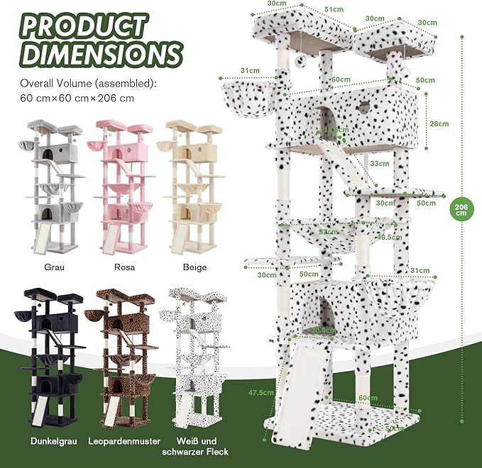 MUTICOR 81 inches Multi-Level Tall Cat Tree Tower for Indoor Kitties/Large Climbing Tree House for Big Feline/Condo/Sisal Scratching Posts/Plush Perches Platforms/Basket Hammock/White & Black Spot