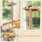 Cat Window Perch with Scratching Post, 46" Adjustable Tall Scratching Posts & Suction Cup – Gray Fluffy Cusion, Multi-Level Perch for Climbing, Bird Watching, Play, Supports 45 lbs (Drilling-Free)