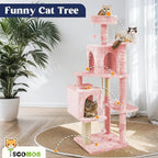 58.5inch Large Cat Tree Tower Condo for Indoor Cats, Soft Plush Multi-Level Climbing Tree Cat House with 1 360° Rotating Cat Cave, Scratching Post, More Entrance/Exit, Sisal Rope, Pink