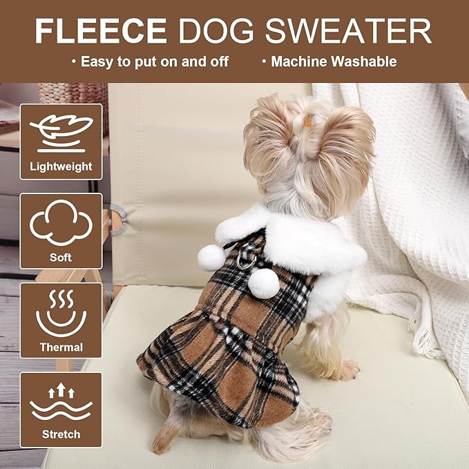 XS Dog Sweater with Leash Set D Ring Plaid Fleece Dog Clothes for Small Dogs Girl Boy Winter Pet Dress, Cold Weather Puppy Coat Winter Sweater for Chihuahua Yorkie Cat Puppy Costumes, XS