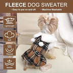 Dog Sweater with Leash Set D Ring Plaid Fleece Dog Clothes for Small Dogs Girl Boy Winter Puppy Dress Cold Weather Coat Fall XXS Sweater for Chihuahua Yorkie Cat Doggy Costumes, Khaki, M