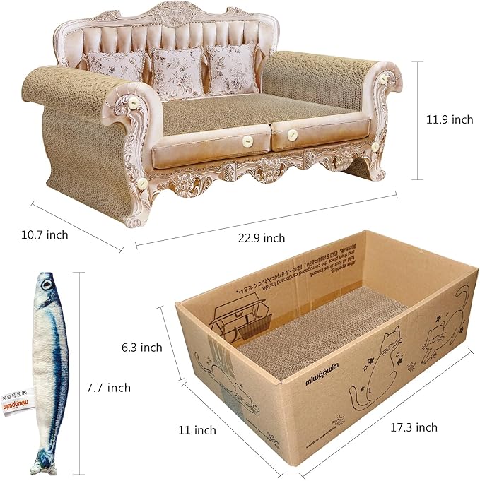 Cat Scratcher Bed, 23 Inch Kitty Couch and 17.3 Inch Scratch Box with Pad, Modern Large Kitten Lounger for Indoor Cats,Unique Cute Corrugated Cardboard Cat Sofa Scratcher,