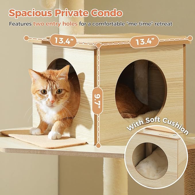 Wooden Cat Tree, 56.3-Inch Modern Cat Tower for Indoor Cats Large Adult, Multi-Level Cat Condo with Large Hammock, Scratching Posts, Washable Removable Cushion & Non-Slip Jump Platforms, Beige