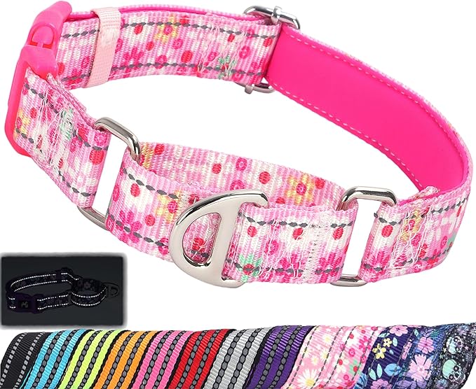 Pink Floral Martingale Collar for Dogs - Reflective Nylon with Quick Release Buckle & Padded Comfort - No Slip Choke Heavy Duty Collar for Training, Walking & Nighttime Use S