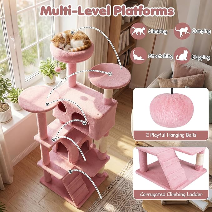 Tangkula Pink Cat Tree Tower, 52 Inch Multi-Level Cat Tower with Sisal Scratching Posts, Cushioned Top Perch, Large Dual Condos & Ladder, 2 Hanging Balls, Jumping Platforms for Indoor Cats (Pink)
