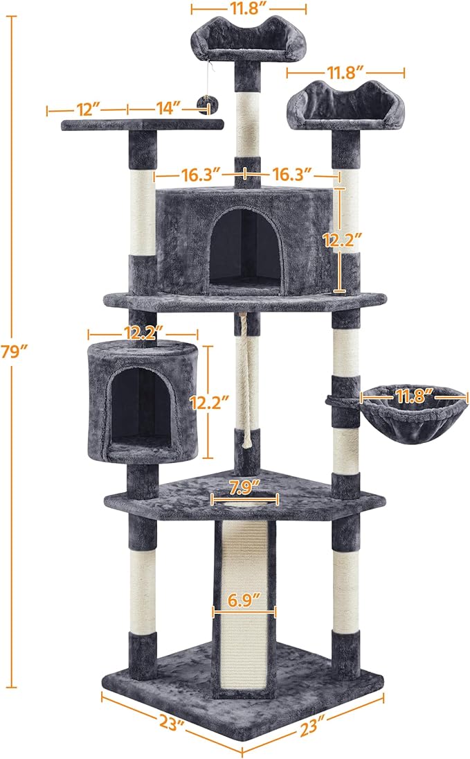Topeakmart Cat Tree Large Cat Tower 79inch for Indoor Cats Multi-Level Cat Tree with Scratching Posts & Basket & Scratching Posts as Activity Center, Play House,Dark Gray