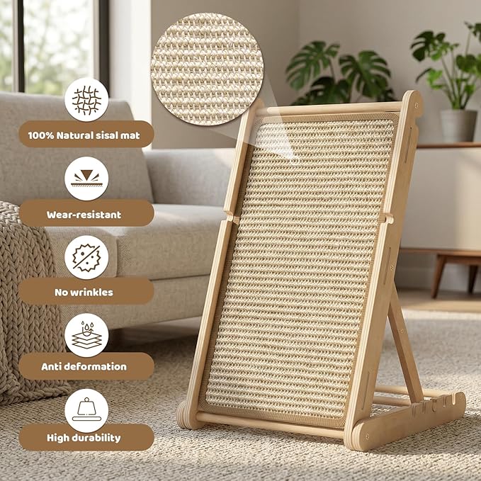 XiaZ Sisal Cat Scratcher, 31" Wooden Cat Scratching Board with 5 Adjustable Heights, Replaceable Sisal Mat and Angled Scratch Pad for Indoor Cats, Ready to Use, No Assembly Required