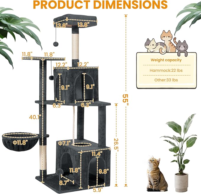 Cat Tree, 54-Inch Cat Tower for Indoor Cats,Plush Multi-Level Cat Condo with Scratching Posts, Basket, Perches,2 Caves,2 Pompoms(Dark Gray)