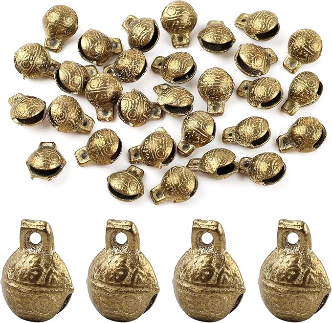 AUEAR, 30 Pack Antique Gold Bells Tibetan Brass Vintage Indian Charms Pendants for Pet Bell Dog Collar Crafting Home Door Decor