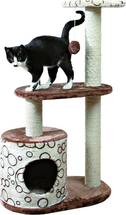 TRIXIE Casta Cat Tree with Condo | 2 Platforms | Dangling Cat Toy, Brown, 21.5 x 13.75 x 37.25 in.