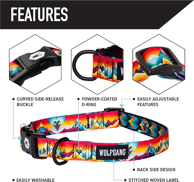 Wolfgang Heavy Duty, Adjustable Dog Collar with Quick Release Nylon Buckle for Walking & Training, MountainVibes Print, Large
