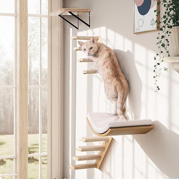 Cat Wall Climbing Shelf, 2 pcs Cat Wall Climber, 4 Step Climbing Stairs, Wall-Mounted Ladder with Sisal Scratching Rope, Perfect Wall Furniture for Perching (CatStairs2P4Steps)