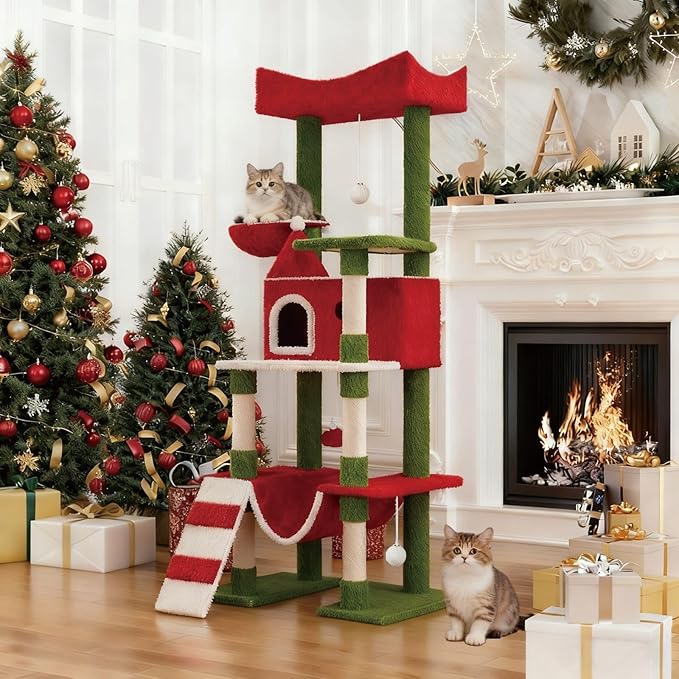 63" Large Christmas Cat Tree Tower Indoor: Tall Modern Cute Heavy Duty Cat Condo House with Scratching Post & Hammock for Maine Coon
