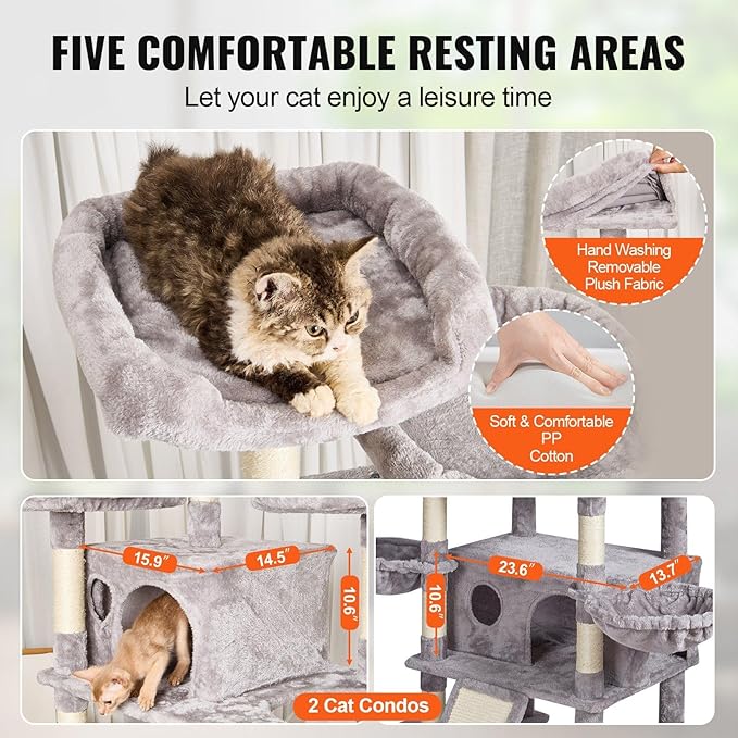 Cat Tree Tower 68.5" for Indoor Cats with 2 Condos, Scratching Posts, Hammocks & Perches, Multi-Level Cat Furniture with Sisal Posts & Plush Platforms, Supports Multiple Cats