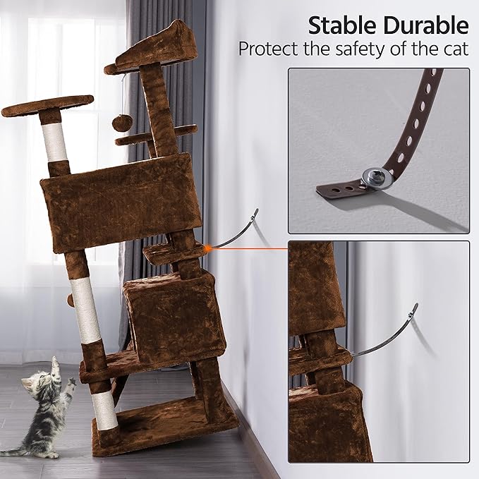 Topeakmart 54in Cat Tree, Cat Tower w/Large Cat Condo Scratching Posts and Perch, Cat Stand House Furniture, Brown