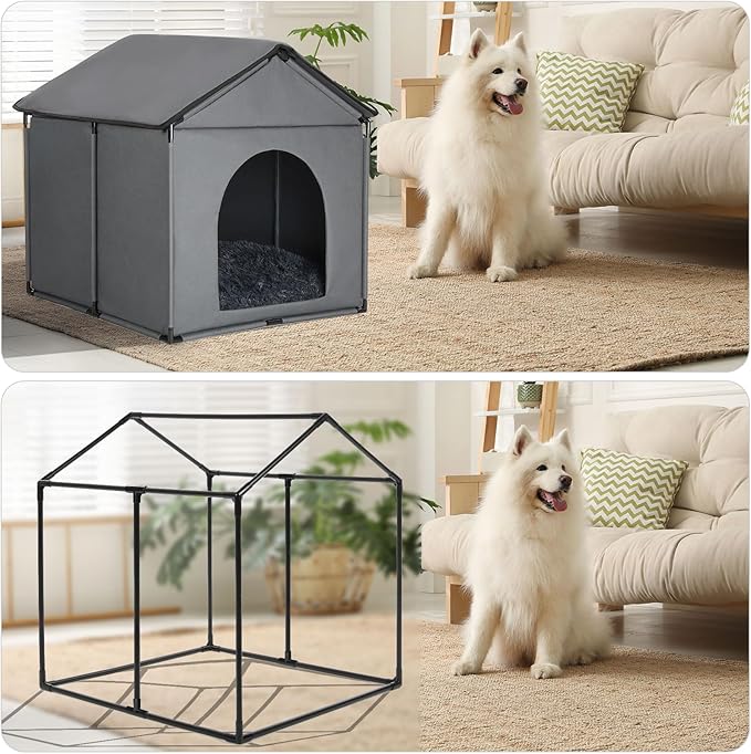 Medium Dog House Soft Indoor (Int 26x24x20in/Ext 28x26x28in) for Beagle, Shiba Inu, Boston Terrier, Cocker Spaniel, Medium Pet House with Soft Cushion, Oxford Fabric, Gray