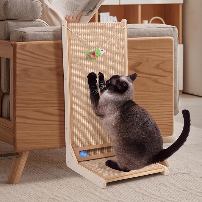 Sisal Cat Scratchers for Indoor Cats, 26.8'' L-Shape Cat Scratching Board, Solid Wooden Cats Scratch Pad with Mouse Toy, Large Cats Scratching Posts to Protect Furniture(Vertical Scratcher)