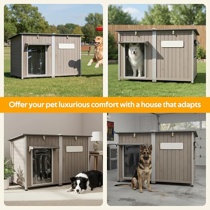 55"L Dog House Outdoor Large Breed Extra XL Wooden Dog House with Weatherproof Asphalt Roof, All-Around Iron Frame, Removable Floor, Openable Top Roof, Air Vents Window, Chew-Proof Frame Gray