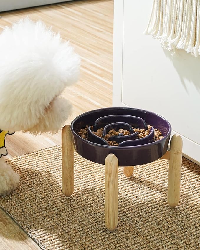 LE TAUCI Ceramic Slow Feed Dog Bowls, Elevated for Small Breeds, Anti-Gulping, Non-Slip, 6 inch, Purple