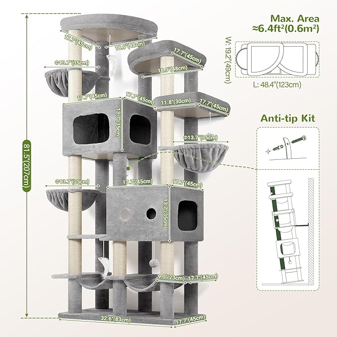 Globlazer 81in Multi-Level Larger Cat Tree Tower Condo Indoor Furniture Activity Center with Oversized Plush Cat Bed/Baskets/Full-Sisal Scratching Posts and Hammock/S81/Light Gray