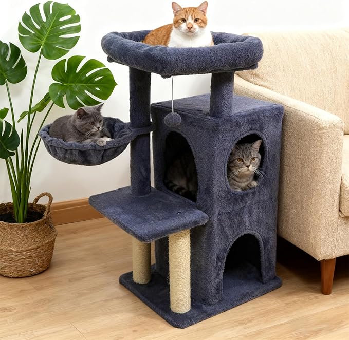 Tangkula Cat Tree Tower, 33.5 Inch Cute Cat Tower with 2-Tier Large Condo, Sisal Scratching Posts, Padded Top Perch, Dangling Toy, Rotatable Cozy Basket, Cat Climbing Furniture (Dark Gray)