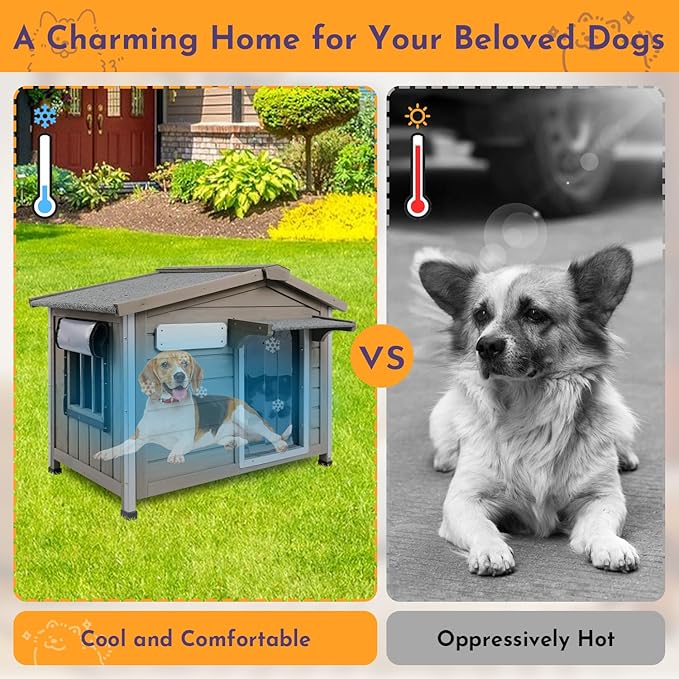 Outdoor Dog House Weatherproof Large Wooden Dog Kennel Indoor for Small Dogs with Chew-Proof Frame, Oxford Fabric Window, Removable Floor Pet Shelter (Grey, 30.1" D x 18.3" W x 24" H)