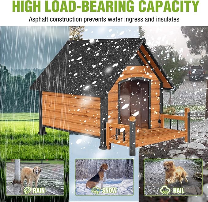 GUTINNEEN Outdoor Heated Dog House Insulated Dog Kennel with All-Around Metal Frame, Weatherproof Anti-Bite Dog Shelter with Porch, Wooden Puppy Home Indoor(Brown, 45’’ Medium)