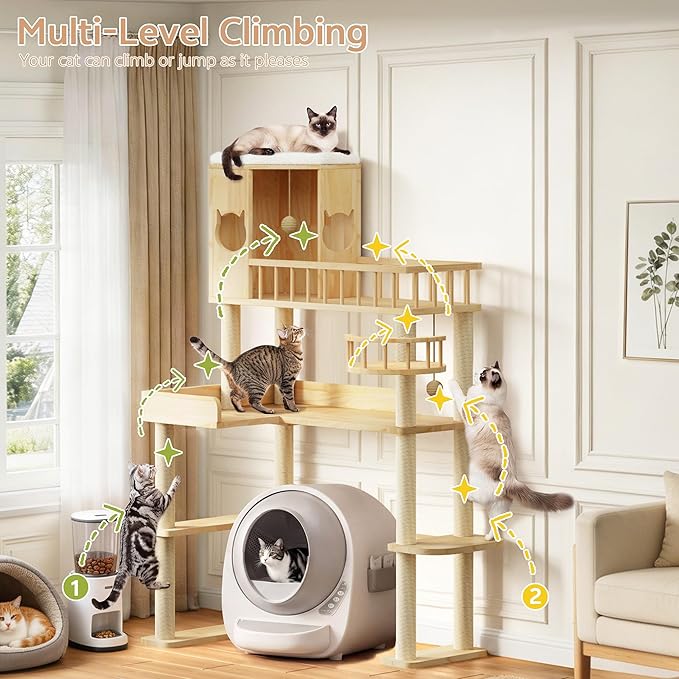 Corner Cat Tree for Automatic Litter Box, 61'' Tall Wood Cat Tower for Self Cleaning Litter Box, Cats Tree for Indoor Cats Large Adult, 6-Level Solid Wood Cat Furnitue w/12Pcs Scratching Post