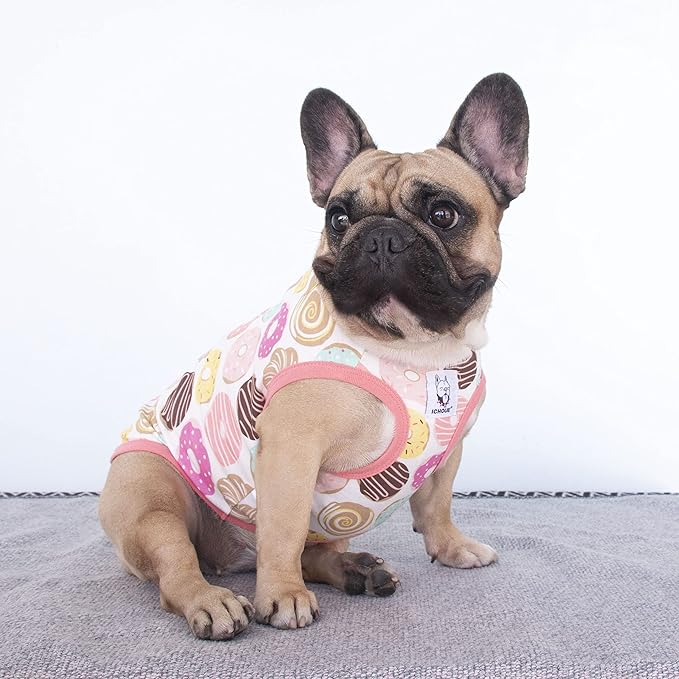 iChoue 100% Breathable Cotton French Bulldog Halloween Cartoon T Shirts Cute Clothes for Medium Dogs Vest Tank Tops Frenchie Pug Small Puppy English Boston Terrier Donuts - Large