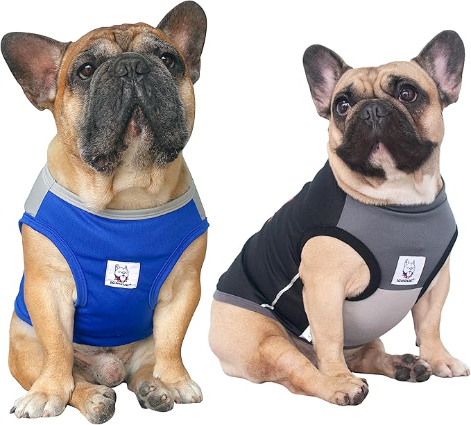 iChoue 2pcs French Bulldog Summer Cooling Shirt for Dogs UV Sun Protection Vest Sleeveless Breathable Tank Top English Pug Black Blue Grey - Large
