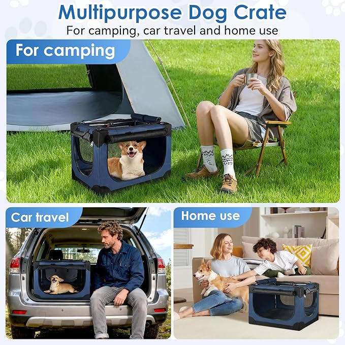 Soft Small Dog Crate - 24 inch Portable Travel Puppy Crate for Small Pets or 2 Cats, Collapsible Pet Carrier with 4 Mesh Doors, Car Kennel for Dogs with Handle for Indoor and Outdoor, Bule