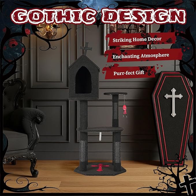 Gothic Halloween Cat Tree Tower, 3-Level Cat Furniture with Coffin Bed & Cross Top, Scratching Posts for Indoor Cats, Black Red Large Cat Tree for Multiple Cats