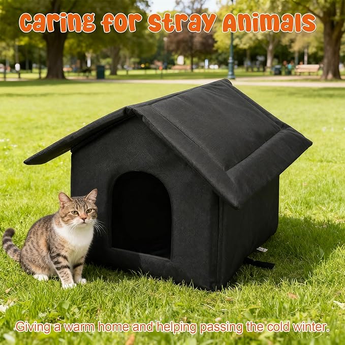 2Pcs Black Cat Houses for Outdoor Stray Cats Shelter Weatherproof Outdoor Cat House Indoor Foldable Warm Pet Cave for Feral Cat Dog Winter Wild Animal