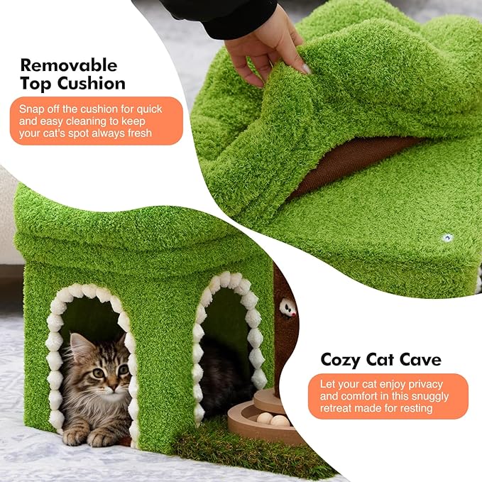 Small Cat Tree with Scratching Post and Ball Track, Green Cat Tower with Lifelike Leaves for Kittens and Small Cats, 2-Door Cat Condo and Interactive Cat Toys for Indoor Cats