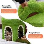 Small Cat Tree with Scratching Post and Ball Track, Green Cat Tower with Lifelike Leaves for Kittens and Small Cats, 2-Door Cat Condo and Interactive Cat Toys for Indoor Cats