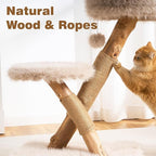 HITTITE Natural Solid Wood Cat Tree Tower with Scratching Post, 32 Inches Tall Modern Cat Tower with Cozy Bed and Platforms, Luxury Real Branch Cat Tree for Indoor Cats Large Adult, Khaki.