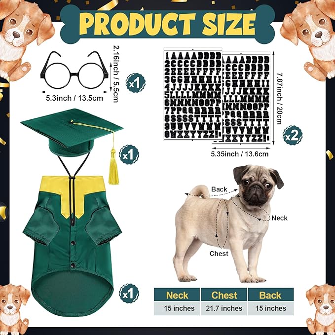 5 Pcs Dog Graduation Costume Set Include 2026 Pet Graduation Gown with Stole Puppy Grad Cap Lensless Glasses DIY Letter Stickers for Dogs Cats Holiday Costume Accessory(Green Yellow,M)